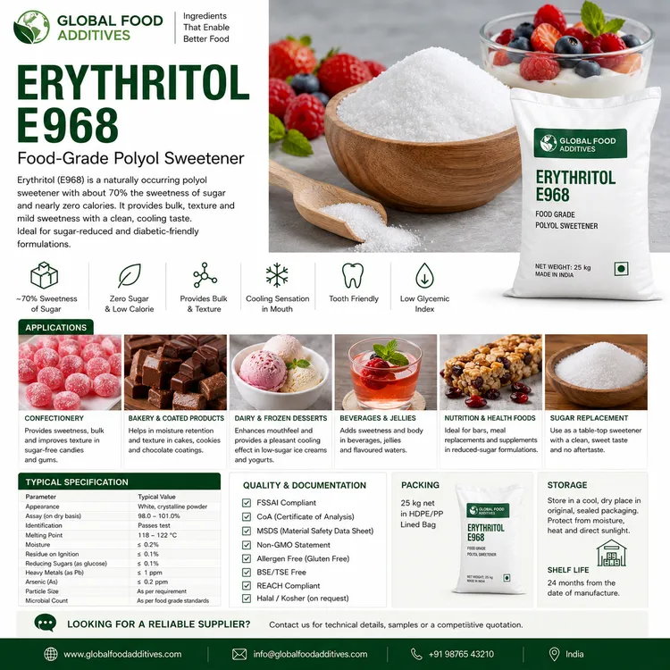Erythritol E968 food-grade polyol sweetener food additive ingredient illustration