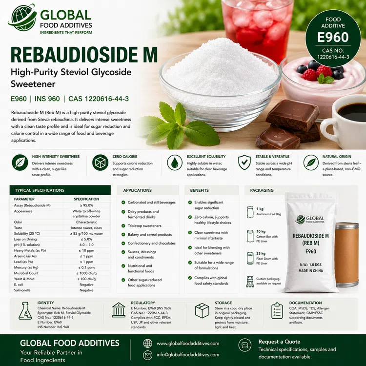 Rebaudioside M high-purity steviol glycoside sweetener food additive ingredient illustration