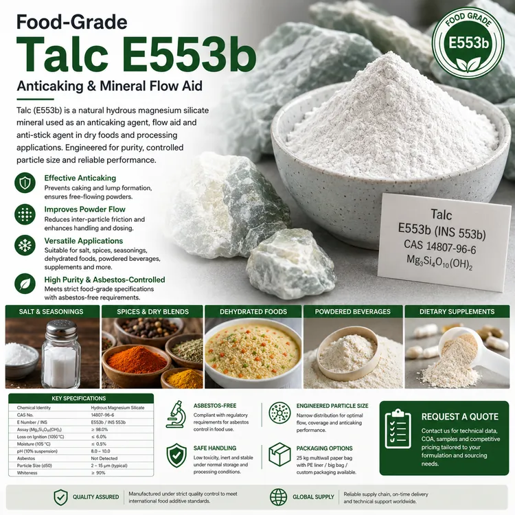 Food-grade Talc E553b mineral powder for anticaking and powder-flow applications